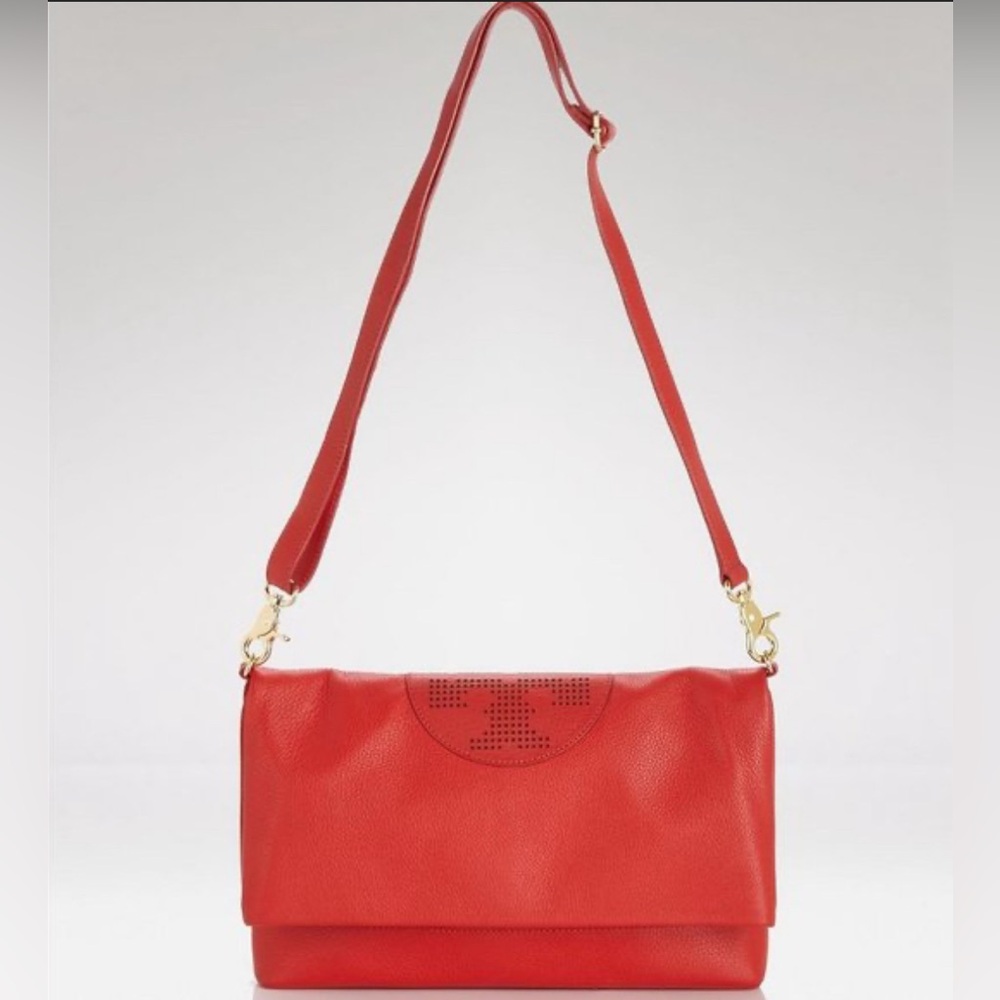 Tory Burch Kipp Foldover Messenger in “Tory Red”